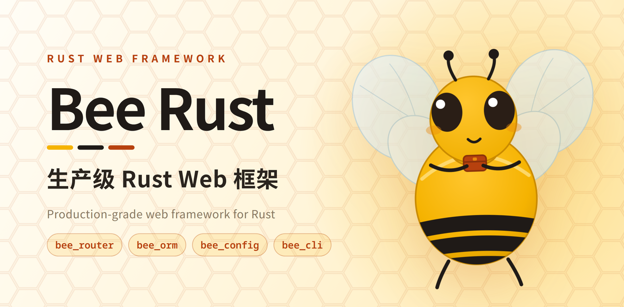 Bee Rust 社交预览卡：蜜白蜂巢背景上的 Bee Rust 字标与 Rusty
